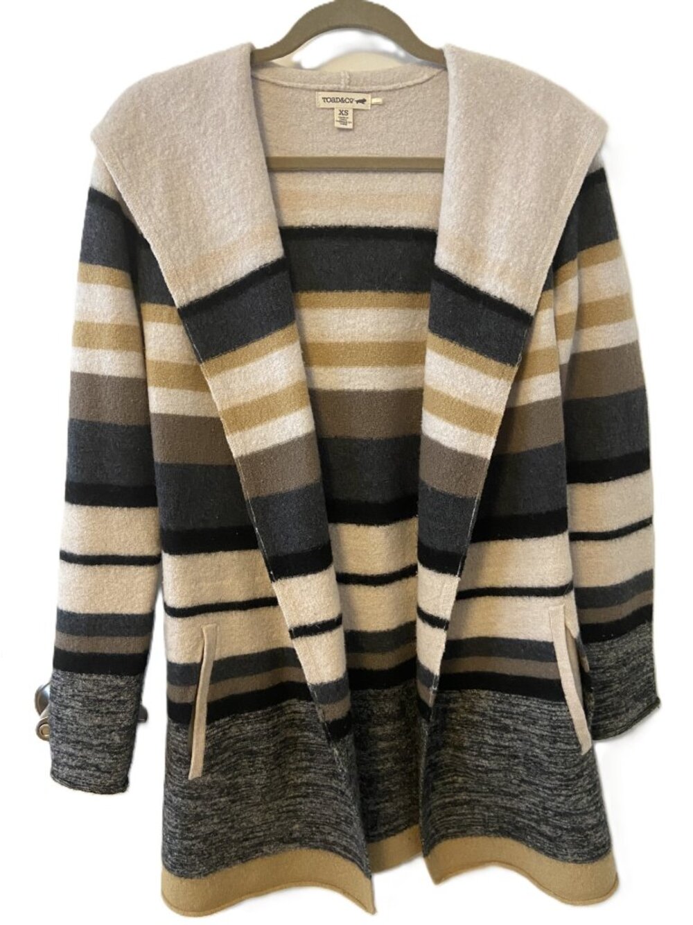 Toad&Co Striped Hooded Open Stevie Cardigan - Beige, Black & Brown
